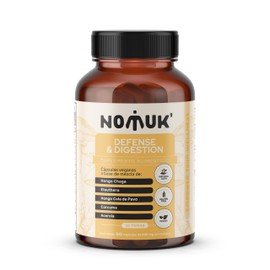 Nomuk Defense & Digestion, Suplemento Alimenticio Vegano, 60 Cápsulas de 600 mg con Chaga, Eleuthero, Cola de Pavo, Cúrcuma y Acerola | Sistema inmune, diegestión, antioxidante, energía, resistencia, menor inflamación