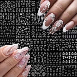 30 Sheets Silver Flower Nail Art Stickers 3D Self Adhesive Nail Decals Hollow Floral Nail Design Stickers Silver Line Leaf Flowers Nail Art Supplies French Manicure Tip Accessories for Women DIY Decor