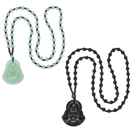 UNICRAFTALE Laughing Buddha Pendant Necklace Jade Imitation Buddha Guanyin Crystal Rope Chain Lucky Amulet Jewellery Gift for Women Men, Stainless Steel