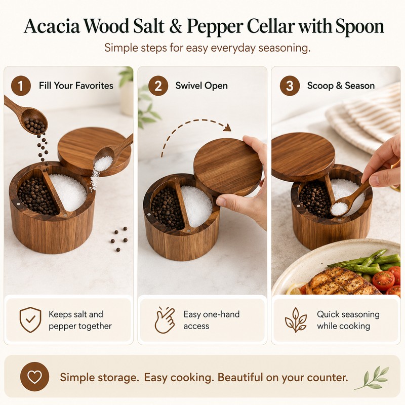 Acacia Wood Salt and Pepper Cellar with Spoon - 360°