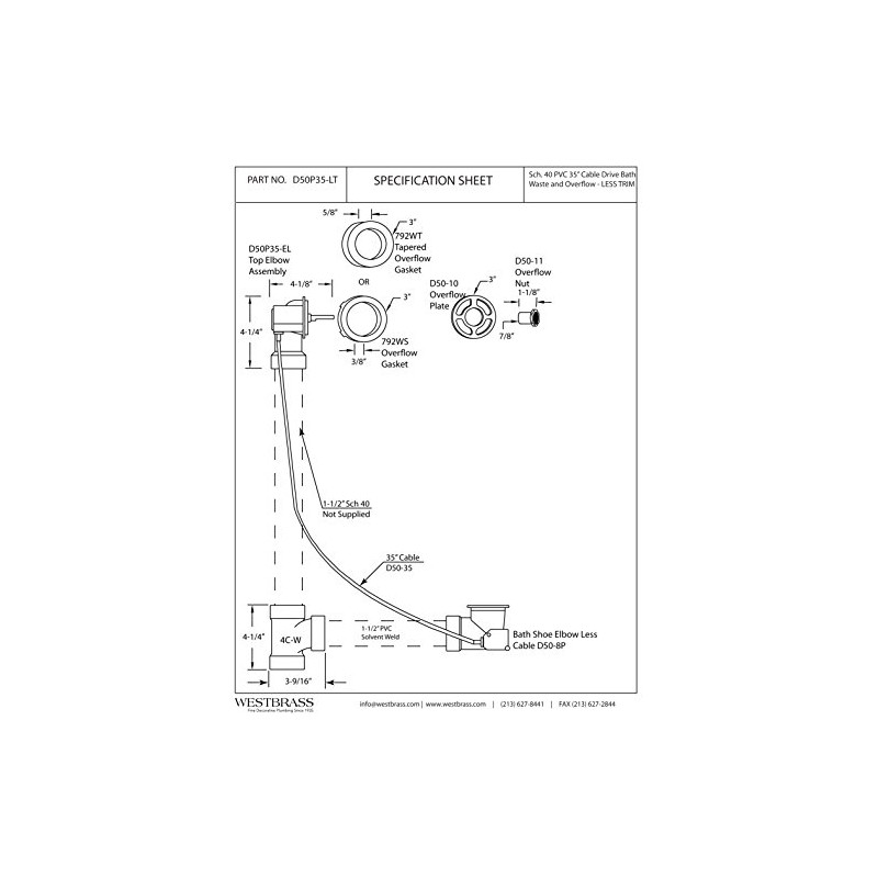 Westbrass PVC 35” Cable Bath Waste & Overflow Rough Only,