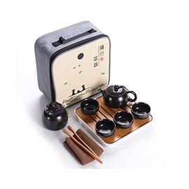 Hoobar Ceramic Kungfu Tea Set,Portable Travel Tea Set with Teapot,Teacups,Tea Canister,Tea Tray and Travel Bag,Suitable for Travel, Home,Outdoor and Office (Black)