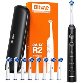 Bitvae Cepillo de dientes electrico giratorio para adultos y niños con 8 cabezales de cepillo, 5 modos de limpieza profunda,alarma de presión para proteger las encías, negro