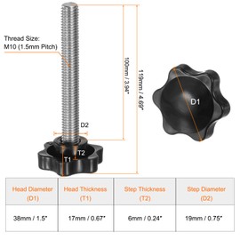 sourcing map 8pcs Star Knobs M10 x 100mm 304 Stainless Steel Threaded Stud 38mm Plastic 6-Star Head Hand Tightening Thumb Screw Clamping Jig Knob Handle, Black