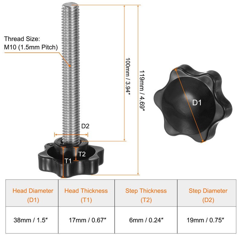 sourcing map 8pcs Star Knobs M10 x 100mm 304 Stainless