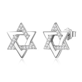 Vito 925 Sterling Silver Black Star of David Earrings for Women, Jewish Star Stud Earrings Hanukkah Flatback Stud Earrings Jewelry Gift for Daughter Mom, Sterling Silver, Cubic Zirconia
