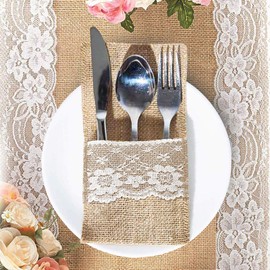 Wedding Cutlery Holders Pouch, Easter Decorations Natural Burlap Lace Utensil Napkin Holders Bag for Vintage Wedding, Party dinner, Thanksgiving banquet, Tableware Decorations (Lace, 12 Pack)