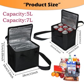 DQZSY 2 Pack Small Food Cooler Bag, 5L/7L Thermal Insulation Picnic Bag, Portable Delivery Bag with Zipper, Great Cooler Bag for Picnic, Travel, Food Delivery(Black)