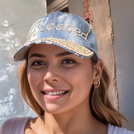 Popfizzy Handmade Blessed Hats for Women, Adult Rhinestone Bling Blessed Cap, Bedazzled Positivity Hats, Light Blue