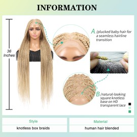 Fecihor 360°HD Full Lace Square Knotless Braided Wigs For Women 36 Inch Box Braid Wig With Baby Hair Human Hair Blended Braided Lace Front Wig Honey Blonde With Light Blonde Ends Hand Braid Wigs
