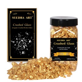 Syedra Crushed Glass for Crafts, Crushed High Luster Chips, Glitter, Broken Glass Pieces, Bar, Vase, Garden Decoration, 3-6mm, 410G (Shiny Gold)