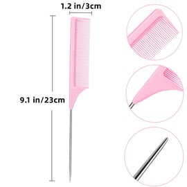 4 Pcs Rat Tail Combs Salon Hairdressing Comb with Stainless Steel Handle, Fine Tooth Combs for Women, Barber(Black and Pink)