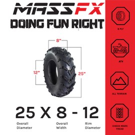 MASSFX 25x8-12 Front Tire for All-Terrain (ATV), Utility-Task (UTV), and Side-by-Side (SxS) Vehicles - 6-Ply with 1/2" Tread Depth 25x8x12