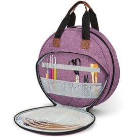 Embroidery Project Bag, Embroidery Supplies Storage Carrying Tote Case with Multiple Pockets and Handle, Cross Stitch Bag, Double Layer Round Embroidery Project Bag for Floss Hoops Thread (Purple)