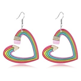 Personality Wooden Pencil Books Dangle Drop Earrings Double Sided Wooden Teacher Student Earrings for Women Teachers Appreciation Day Gifts Graduation Jewelry (Rainbow Heart Earring 1)