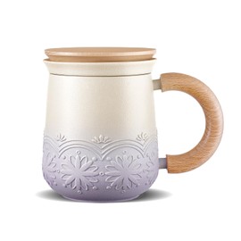 ZENS Tea Mug with Infuser and Lid for Loose Leaf Tea Steeper, 11 oz Embossed Ceramic Tea Cup with Strainers for Steeper, Wood Handle Gradient Tea Cup for Daughter, Collector's Mug Gifts