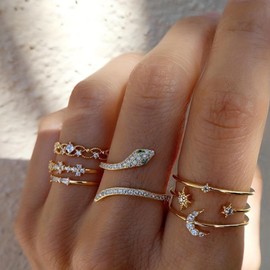 Yheakne Vintage Stacking Crystal Rings Set Gold Rhinestone Snake Rings Moon Star Knuckle Rings Open Adjustable Ring Stackable Snake Finger Rings Hand Jewellery for Women and Girls, Zinc