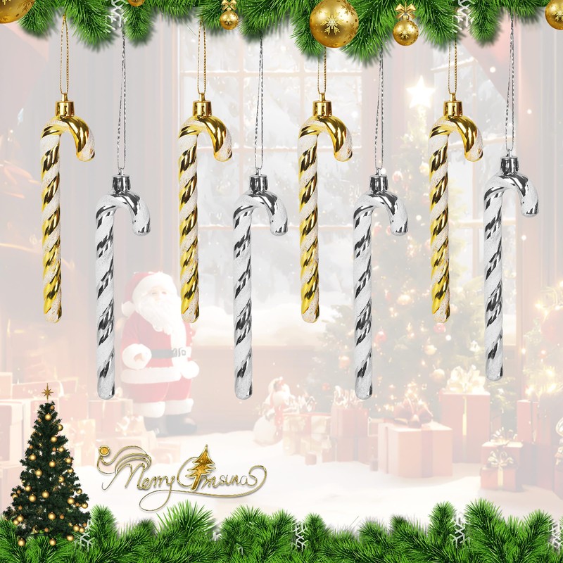Pack of 12 Candy Canes Christmas Tree Decorations - Glitter