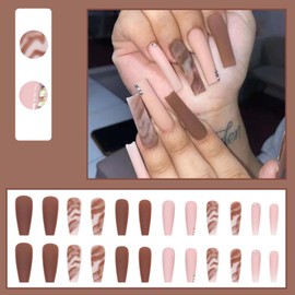 YoYoee Coffee color Press On Nails Coffin Long Fake Nails Acrylic Gradient False Nails Marble Frosted Stick On Nails for Women and Girls (24 PCS)
