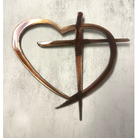 Heart with Cross Metal Wall Art Accent choose from 6 sizes and 2 color choices (Mini 6 1/2" x 6", Copper Bronzed Plated)