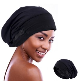 fKiZanthene Satin Bonnet Sleep Cap, Unisex Satin-Lined Beanie Hat with Adjustable Strap, Silk Hair Protection Bonne, Slouchy Night Sleeping Hat for Women & Men Black