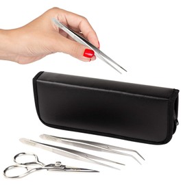 O'Creme Stainless Steel Precision Kitchen Culinary Fine-Tip Tweezer Tongs 6-1/2 inch straight and 6-3/8 inch Curved, Plus Super Sharp Chef Scissors, Total 3 Pieces Set (Silver)