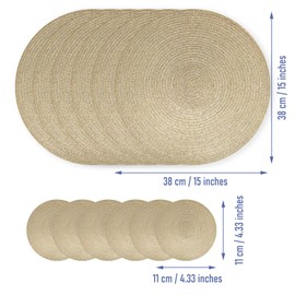 Neween Round Placemats Set of 6, 38 cm Heat Resistant Round Braided Table Mats with Coasters Set of 6 Washable Woven Place Mats for Indoor Outdoor Dining Kitchen Table (Gold)