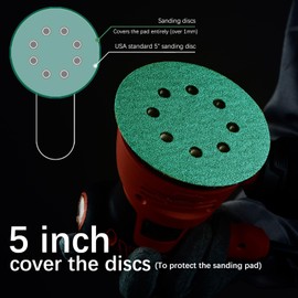 Faoyoon Sanding Disc 5 Inch 8 Hole Hook & Loop, Orbital Sander Pads for Woodworking, Metal, Automotive, Green Film Sandpaper Discs - 100 Grit,50 Pack