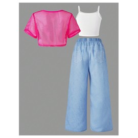 Floerns Girl's 3 Piece Summer Street Outfits Cartoon Camisole Wide Leg Denim Pants with Mesh Crop Tops Hot Pink 9Y