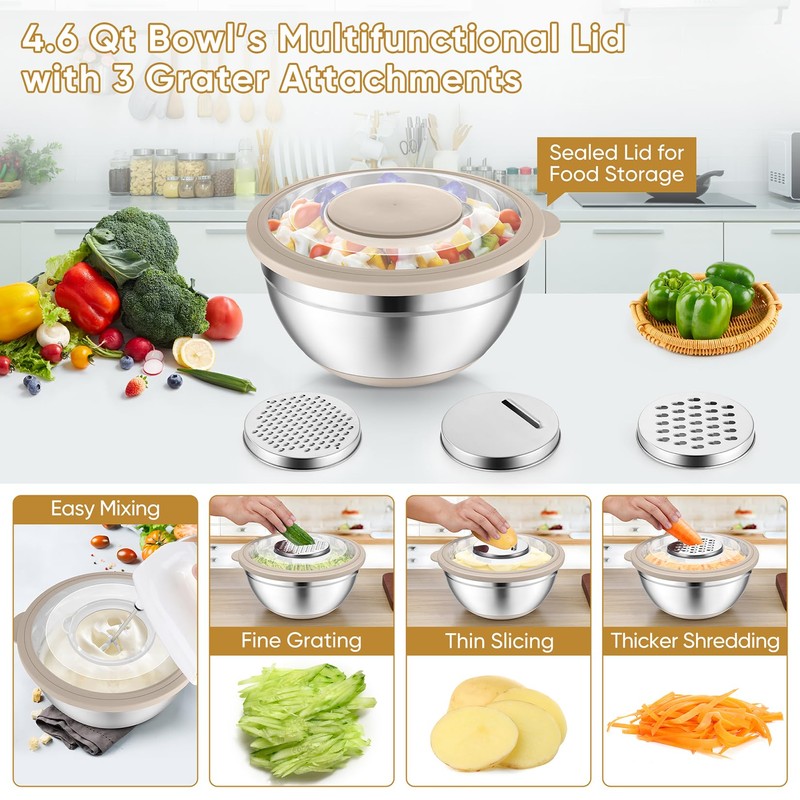P&P CHEF Mixing Bowls with Lids Set of 3, Stainless