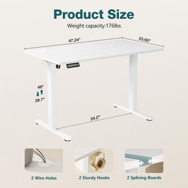 Elevon Electric Adjustable Height Standing Desk - 48 x 24 inch Sit to Stand Up Desk with Splice Board, Rising Home Office Computer Table with 2 Hook and Wire Hole for Work