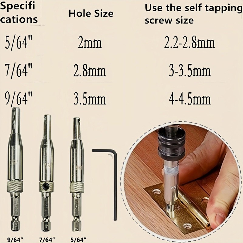 Self Centering Drill Bit Set, 5/64" 7/64" 9/64" Hinge Dowel