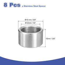 uxcell 8Pcs 304 Stainless Steel Spacer 5/8" OD x 1/2" ID x 3/8" Length(16x12x10mm) Screw Standoff Bushing Plain Finish Unthreaded Round Metal Spacer for M3 Screws Bolts and Rods, Silver