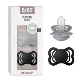 BIBS Supreme Baby Pacifier 2-Pack | Made in Denmark | BPA Free Dummy Soother, Symmetrical Nipple. Silicone, Size 1 (0-6 Months), Cloud/Black