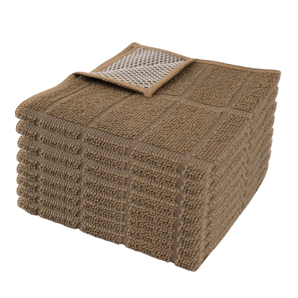 Microfiber Kitchen Dish Cloths for Washing Dishes with Poly Scour Side, Fast Dry no Odor wash Cloth with Scrubber Side, Dish Rags with mesh Back. 12x12 - (8X Brown)