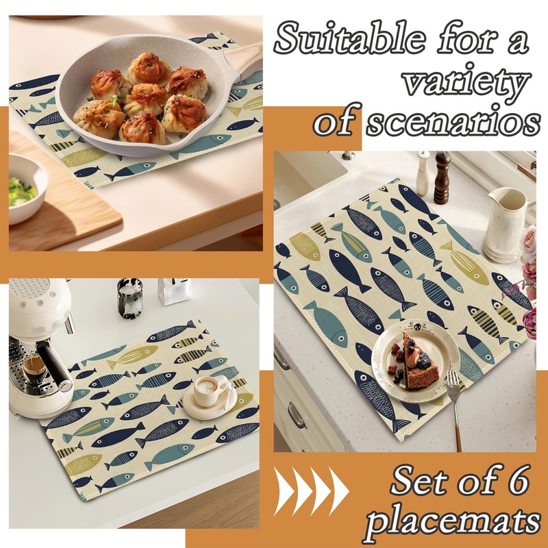 Cute Fish Placemats Set of 6,Boho Heat Resistant Non Slip