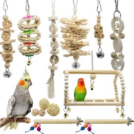 Allazone Bird Parrot Toys, 14 PCS Hanging Bell Pet Bird Cage Hammock Swing Toy Bird Perch Toys Wooden Chewing Toy for Conures, Love Birds, Small Parakeets Cockatiels, Macaws