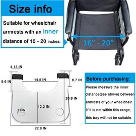 Wheelchair Tray Table with Cup Holder, Removable Lap Tray, Portable Wheelchair Desk Accessories for Eating, Reading, Resting, Fits Width of Armrests of 16" - 20", Gray