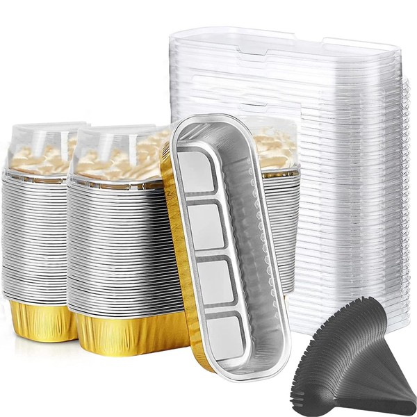 Findful Mini Loaf Baking Pans with Lids And Spoons (100 Pack, 6.8oz) Rectangle Aluminum Foil Baking Pans Tins Containers - Cupcake Containers Wrappers Cheesecake Creme Brulee Ramekins