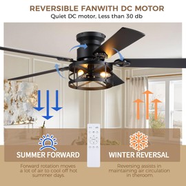 JSAITEE 52in Flush Mount Farmhouse Ceiling Fan with Lights, Caged