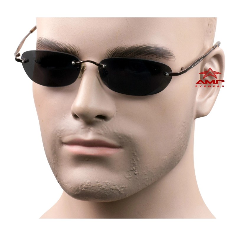 AMP Small Rimless Oval Neo Matrix Style Sunglasses Metal Super