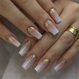 MERVF Coffin Press on Nails Medium Fake Nails White Ombre French Tip Glue on Nails Press ons with Gold Glitter Design Acrylic Nails Ballerina False Nails Glossy 24pcs