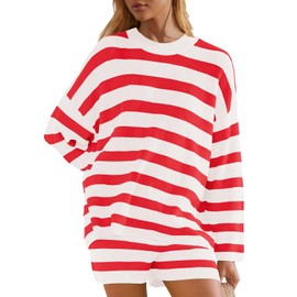 Panadila Womens Shorts Sets 2 Piece Fall Outfits Striped Sweater Set Oversized Lounge Set Cute Matching Set 2024 (Red Combo,M)