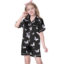 Satin Pajamas for Girls, 2 Pcs Sleepwear Short Sleeve Pajama Set Silk Pjs, Butterfly Black, 5-6 Years