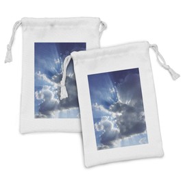 Ambesonne Landscape Fabric Pouch Set of 2, Sunshine Sun Rays Breaking Through Huge Dark Clouds View Landscape Picture, Small Drawstring Bag for Toiletries Masks and Favors, 9" x 6", Grey Blue