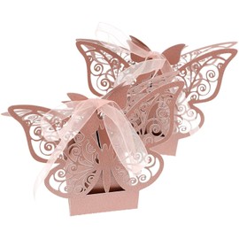 50pcs Butterfly Laser Cut Favor Ribbon Boxes Wedding Birthday Party Gift Candy Boxes (Pink)