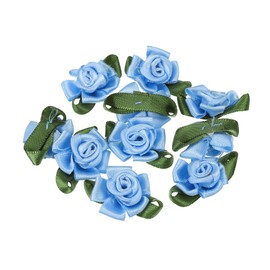 PATIKIL Mini Satin Ribbon Roses, 10 Pcs Small Rosettes Fabric Flowers with Green Leaves for Craft Projects Embellishments Applique, Blue