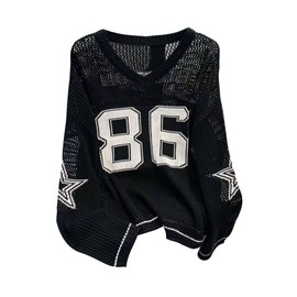 GORGLITTER Women's Crochet Jersey Y2k Number Graphic Sweater Hollow Out V Neck Long Sleeve Oversized Knit Pullover Black Large