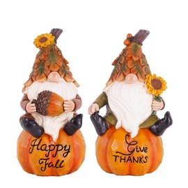 Topadorn 2pcs Pumpkin Fall Statue Gnome Resin Tabletop Autumn Decorations, 6.3" H Pumpkin Gnomes Figurine for Fall Thanksgiving Harvest Home Decor, Happy Fall & Give Thanks Gifts