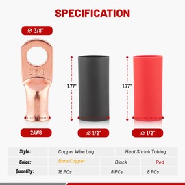 RED WOLF 2 AWG 3/8"(M10) 16 Pcs Wire Lugs Ring Terminal Connectors Ends, 2 Gauge Battery Cable Copper Connector Ring Ends Stud w/Heat Shrink Tubing 3:1 Black Red for Automotive Electrical